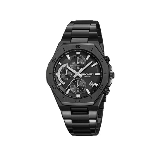 SKMEI 2452 Luxury Active Chronograph Luminous Stainless Steel Men’s Quartz Watch- Black