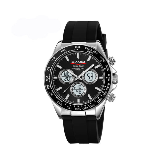 SKMEI 2505 Silicone straps & Stainless Steel Band Zinc Alloy Case Chronograph 3BAR Waterproof Men’s Watch- Black