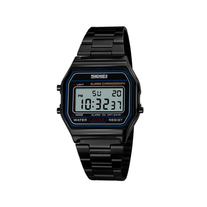 SKMEI 1123 Classic design Unisex Square Digital Display Multi-Function Stainless Steel watch- Black