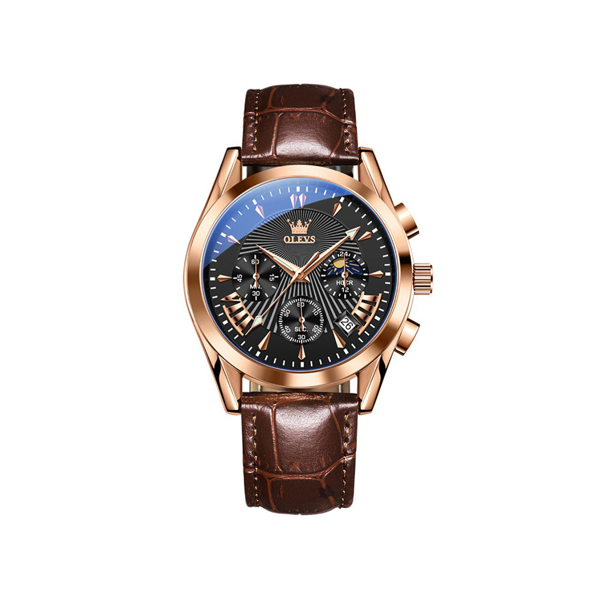 OLEVS 2876 Luxury Fashion Leather Quartz Wristwatch Men- Brown Black