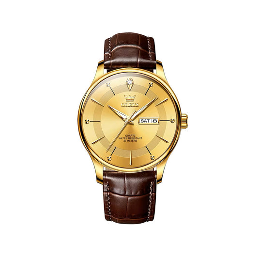 Olevs 9908 PU Leather Analog Wrist Watch For Men - Chocolate & Gold