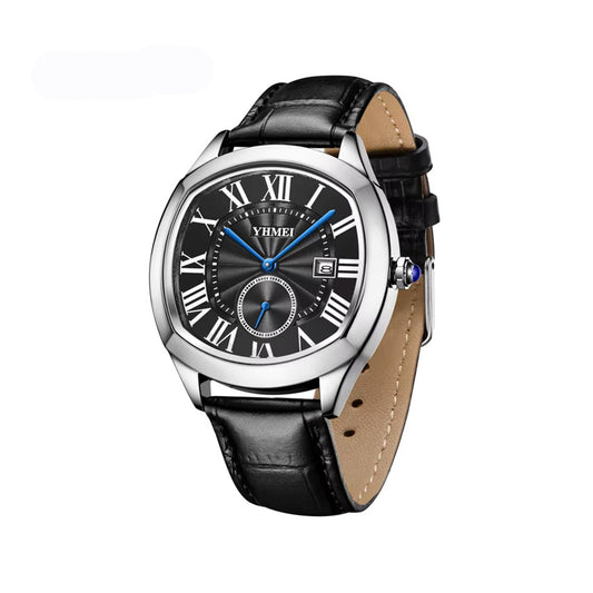 YHMEI 8240 Trendy style Leather Straps quartz Movement Wrist Men watch- Black