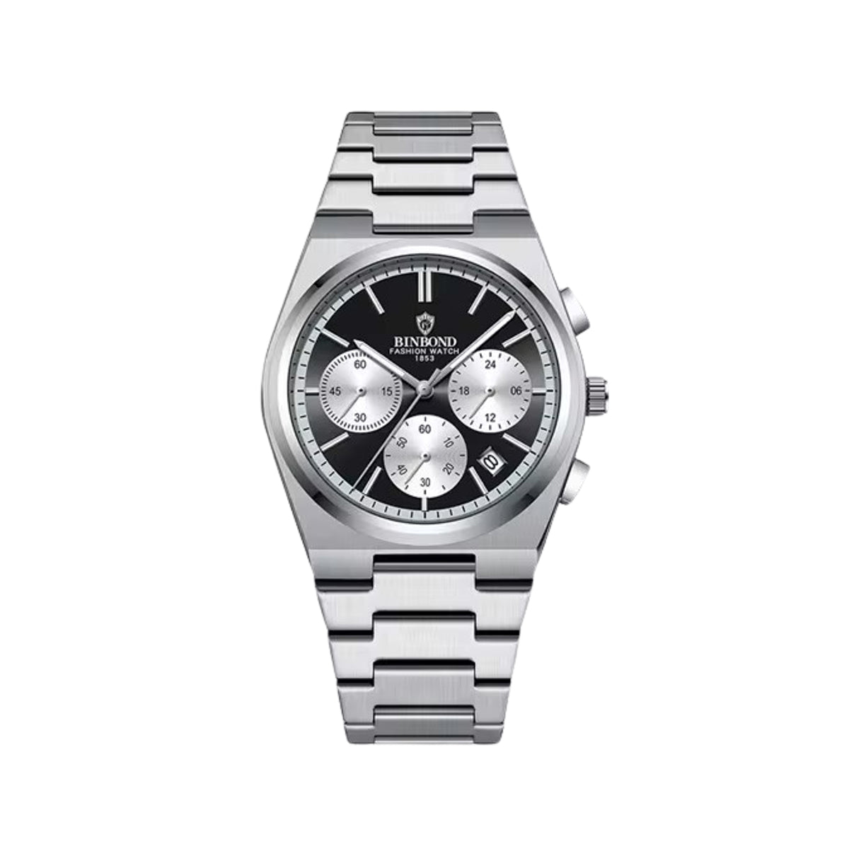 BINBOND 203 Stainless Steel Multifunctional Chronograph Business Wristwatch- Silver Black