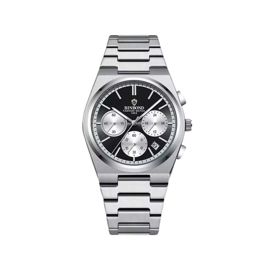 BINBOND 203 Stainless Steel Multifunctional Chronograph Business Wristwatch- Silver Black