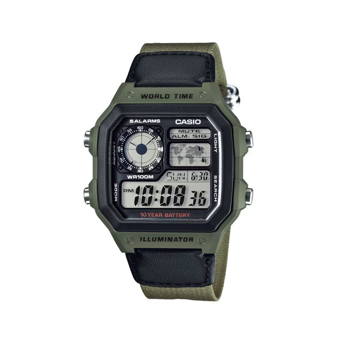CASIO AE-1200WHB-3BV Military-Style Digital Watch with Green Nylon Strap