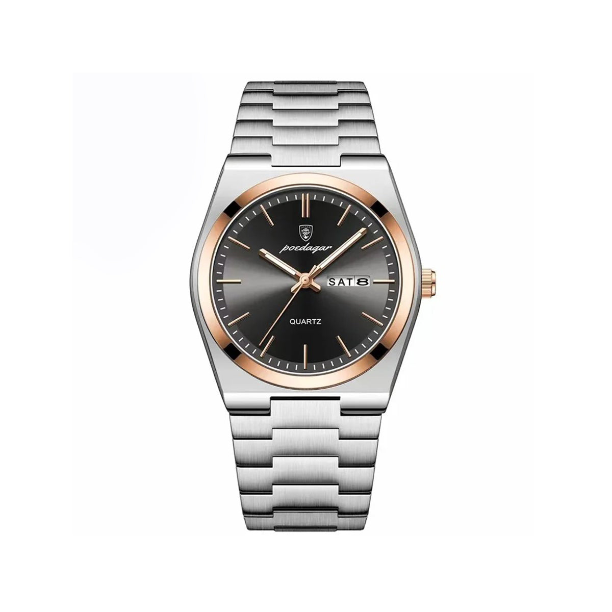POEDAGAR 930 Business Luminous Stainless Steel Quartz Men's Watch- Silver Black & Rose Gold