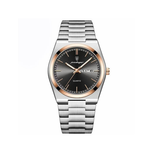 POEDAGAR 930 Business Luminous Stainless Steel Quartz Men's Watch- Silver Black & Rose Gold