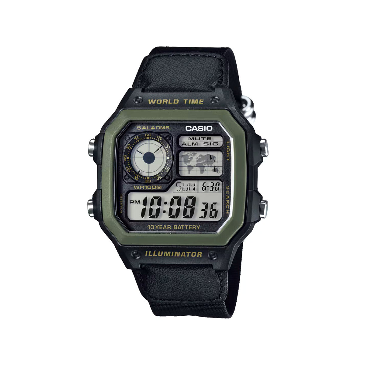 CASIO AE-1200WHB-1BV Military-Style Digital Watch with Black Nylon Strap