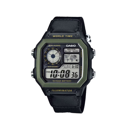 CASIO AE-1200WHB-1BV Military-Style Digital Watch with Black Nylon Strap