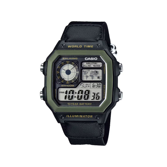 CASIO AE-1200WHB-1BV Military-Style Digital Watch with Black Nylon Strap