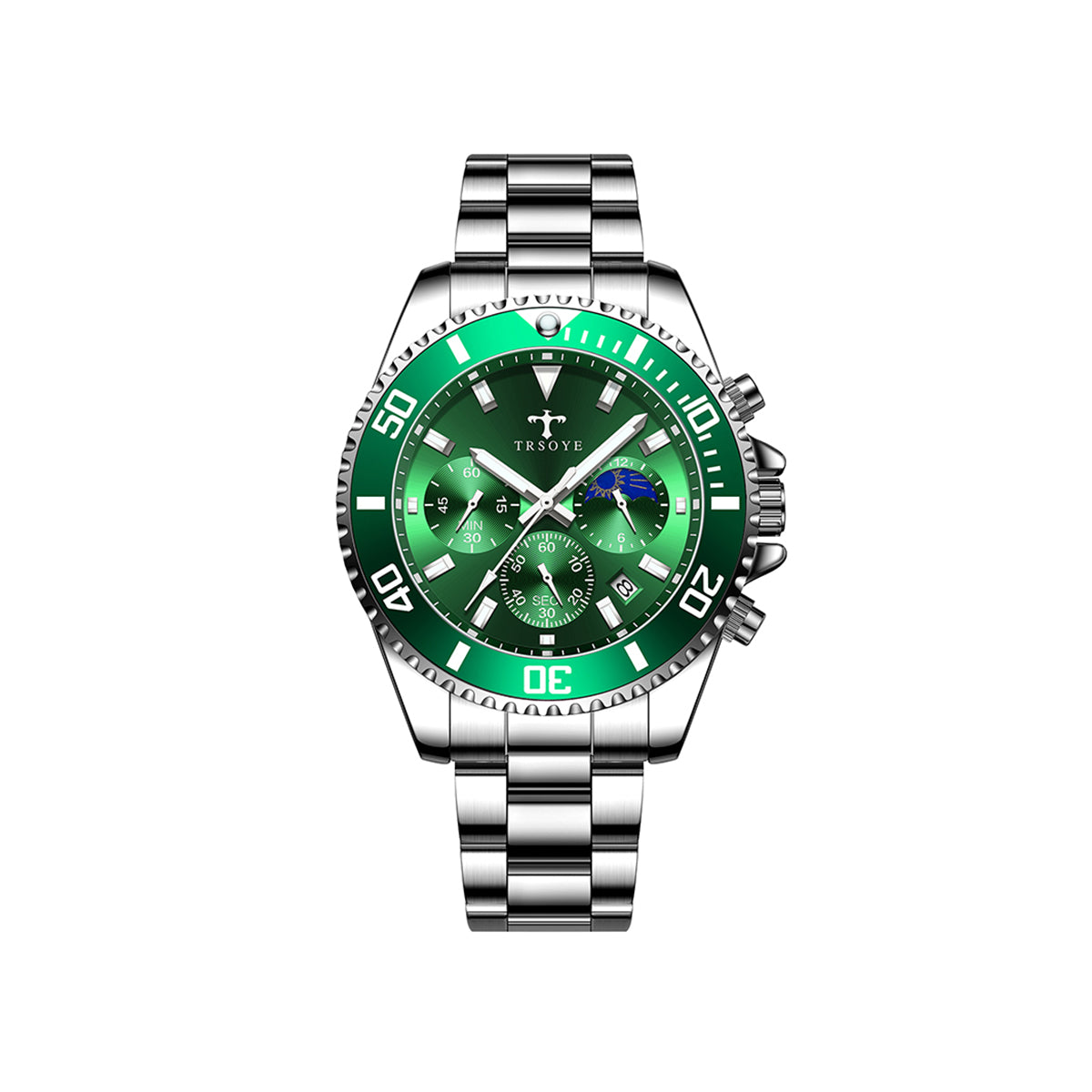 Trsoye 688 Casual Men’s steel Strap 3 dials water resistant date display business watch- Silver Green