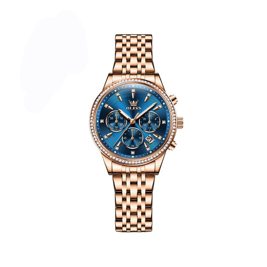 OLEVS 5582 Quartz Chronograph Watch for Women - Rose Gold & Blue