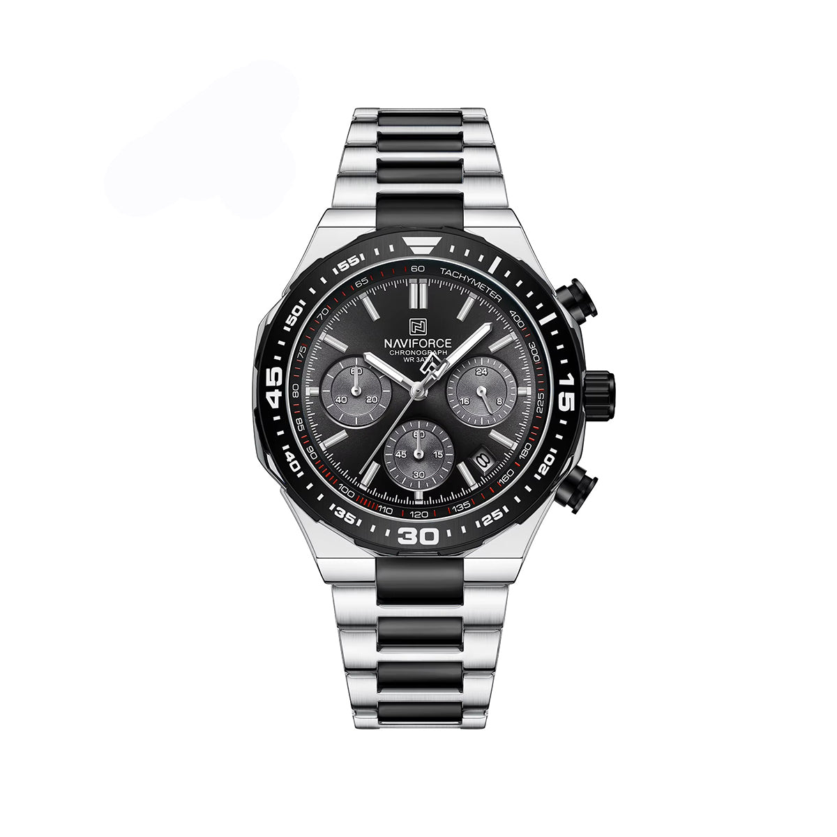NAVIFORCE 8049 Military Active Chronograph Luxury Stainless Steel Band Quartz Calendar Men's Watches- Silver & Black