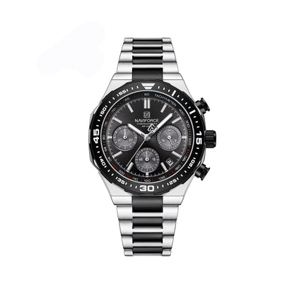 NAVIFORCE 8049 Military Active Chronograph Luxury Stainless Steel Band Quartz Calendar Men's Watches- Silver & Black