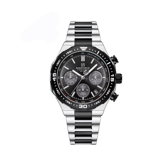 NAVIFORCE 8049 Military Active Chronograph Luxury Stainless Steel Band Quartz Calendar Men's Watches- Silver & Black