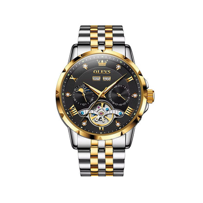 Olevs 6691 Luxury Tourbillon Automatic Mechanical Watch - Silver Gold & Black