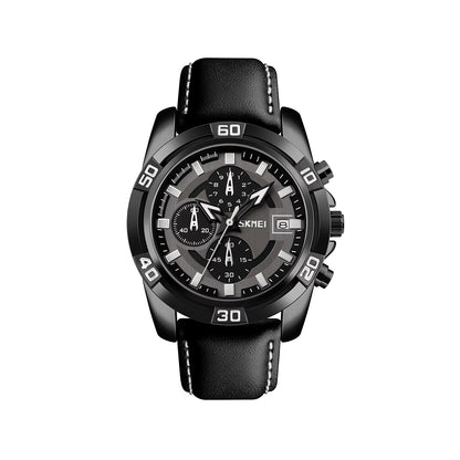 SKMEI 9156 Active Chronograph Leather Quartz Watch for Men- Black
