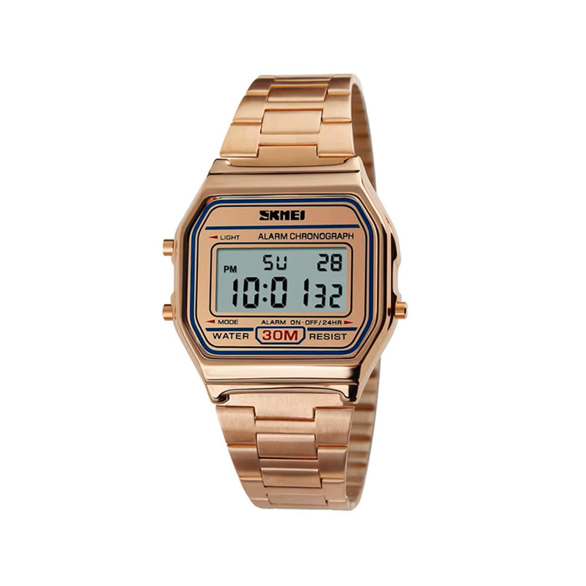 SKMEI 1123 Classic design Unisex Square Digital Display Multi-Function Stainless Steel watch- Rose Gold