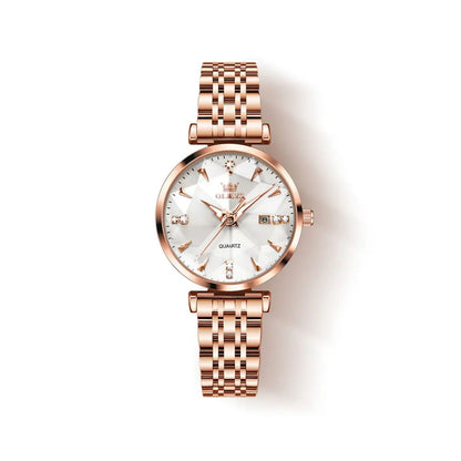 OLEVS 5536 Diamond Cart Luxury Exquisite Water-resistant Ladies Watch- Rose Gold & White