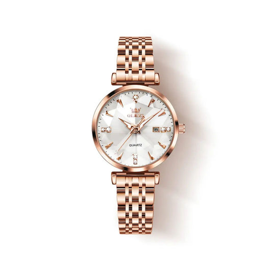 OLEVS 5536 Diamond Cart Luxury Exquisite Water-resistant Ladies Watch- Rose Gold & White