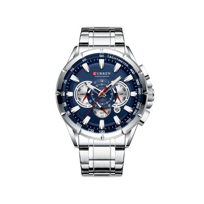CURREN 8363 Active Chronograph Luminous Hands Men’s Stainless steel Luxury Quartz Watch- Silver & Blue