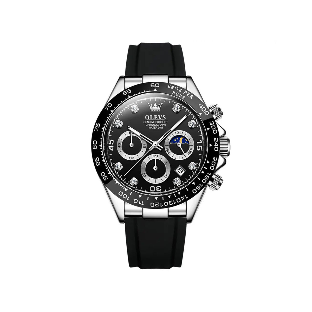 Olevs 2875 Luxury Silicone Rubber strap Luminous Chronograph business Wrist watch for Men’s- Black