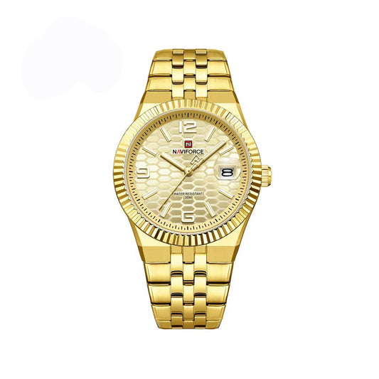NAVIFORCE 9277 Stylish Analog Quartz Men’s Watch with Durable Stainless Steel Strap and Water Resistance- Gold