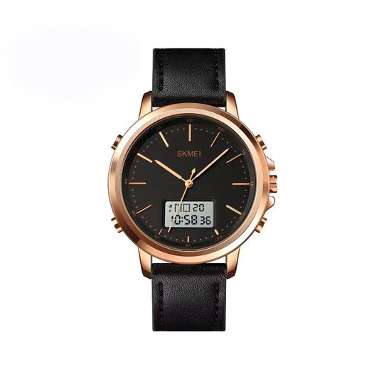 Skmei 1652 Men’s Dual Time Belt Watch for men - Black & Rose Gold