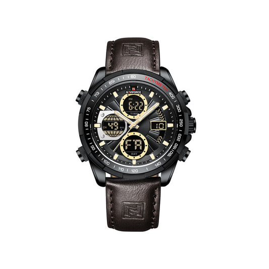 NAVIFORCE 9197 Digital & Analog Display Leather Casual Military Sport Wristwatch for Men’s- Chocolate