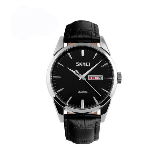 SKMEI 9073 Classic Quartz leather belt Men's wristwatch- Black & Silver