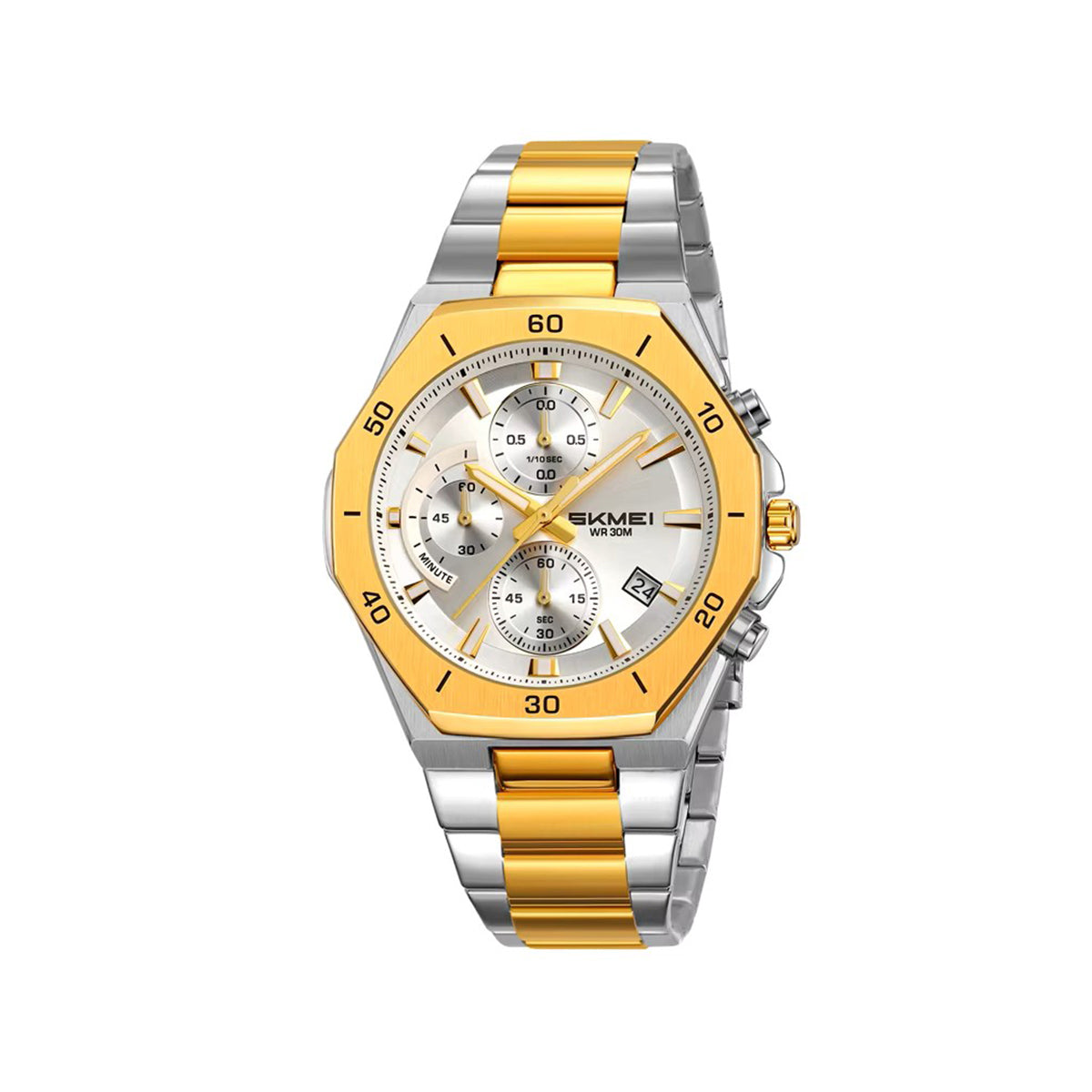 SKMEI 2452 Luxury Active Chronograph Luminous Stainless Steel Men’s Quartz Watch- Gold Silver