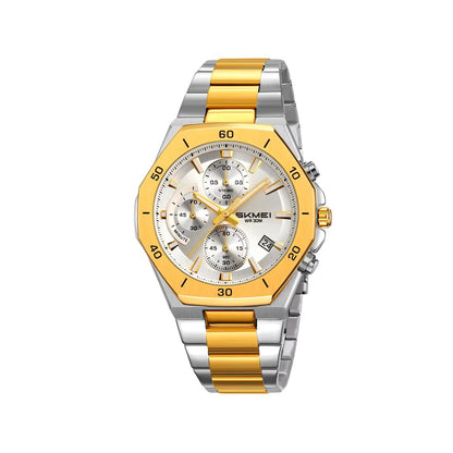 SKMEI 2452 Luxury Active Chronograph Luminous Stainless Steel Men’s Quartz Watch- Gold Silver