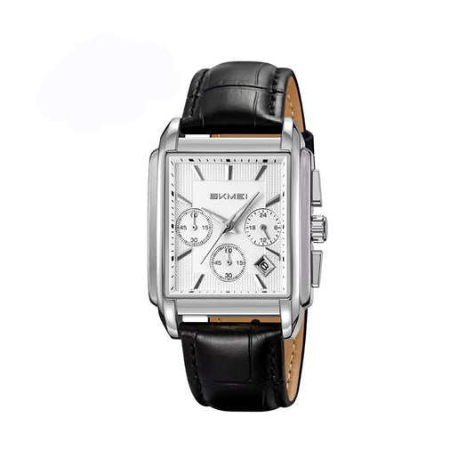 SKMEI 2339 Luxury water Resistant Leather strap Active Chronograph Top-Quality Men’s watch- Black Silver