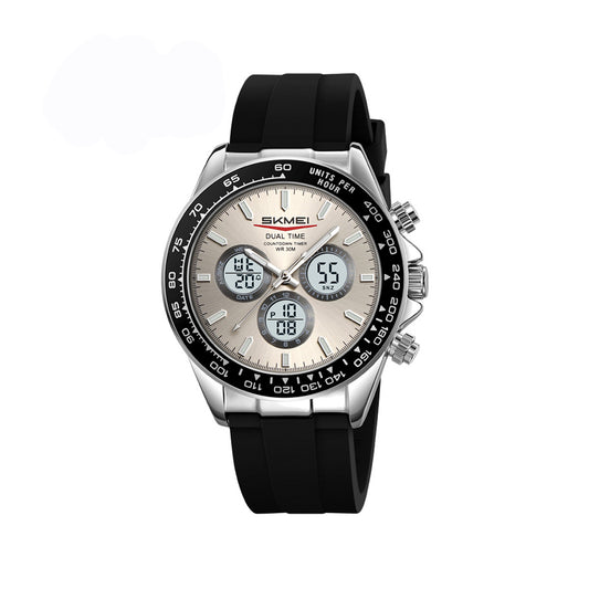 SKMEI 2505 Silicone straps & Stainless Steel Band Zinc Alloy Case Chronograph 3BAR Waterproof Men’s Watch- Black & Metallic Gray