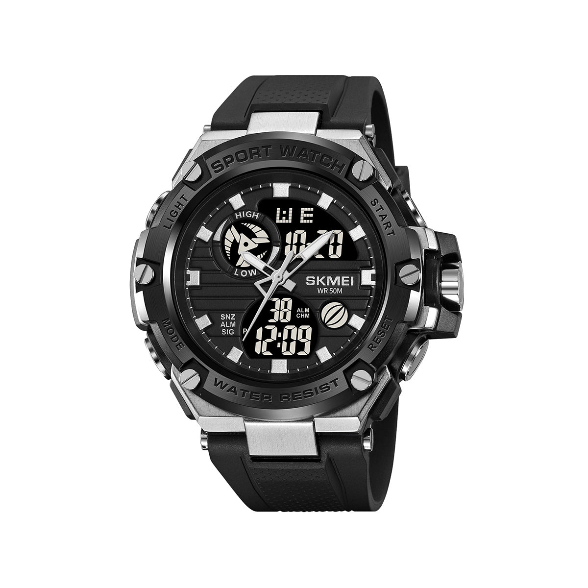 SKMEI 2119 Dual Time Alarm 5Bar Waterproof multi-functional Sports watch- Black silver