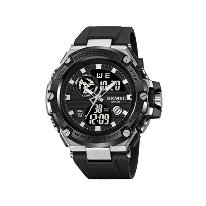 SKMEI 2119 Dual Time Alarm 5Bar Waterproof multi-functional Sports watch- Black silver
