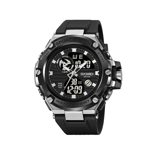 SKMEI 2119 Dual Time Alarm 5Bar Waterproof multi-functional Sports watch- Black silver