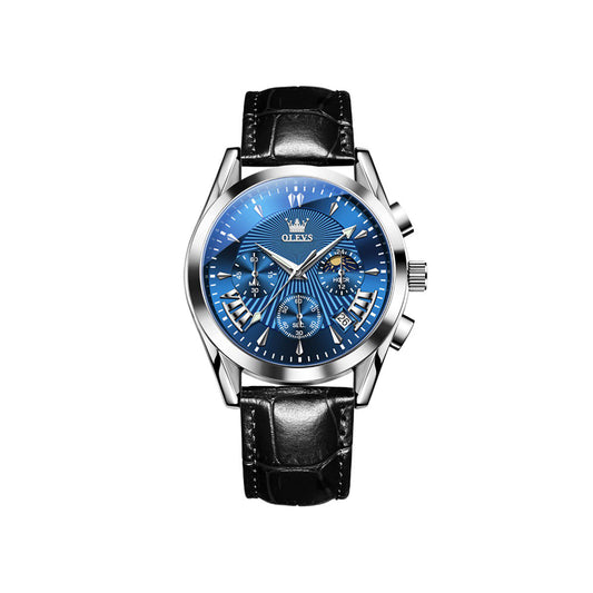 OLEVS 2876 Luxury Fashion Leather Quartz Wristwatch Men- Black Blue
