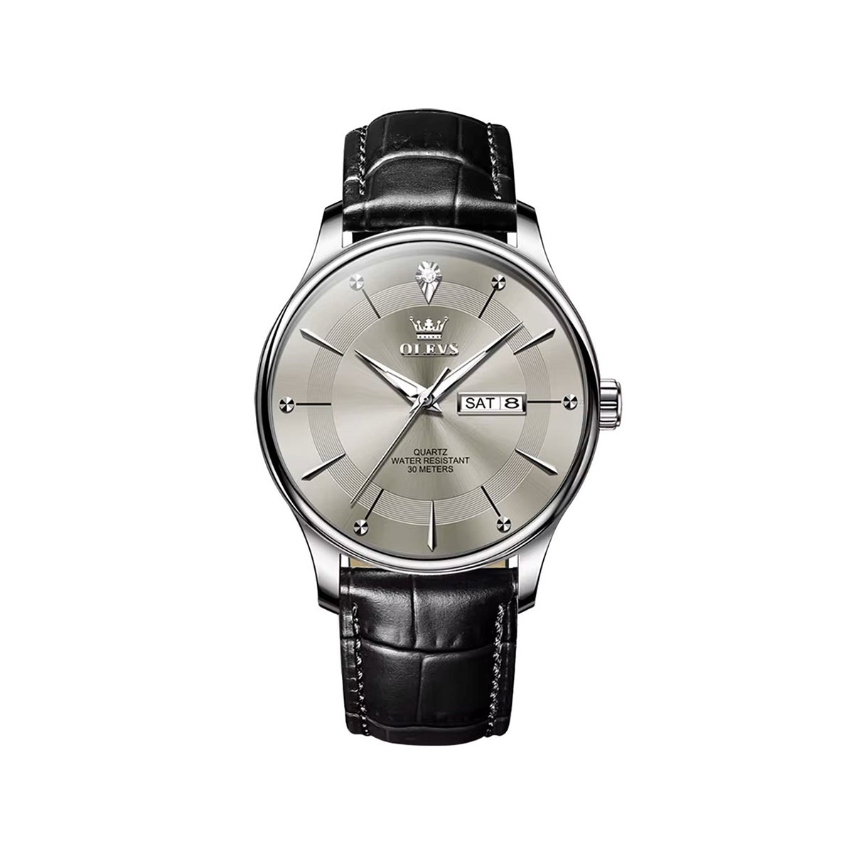 Olevs 9908 PU Leather Analog Wrist Watch For Men - Black & Silver