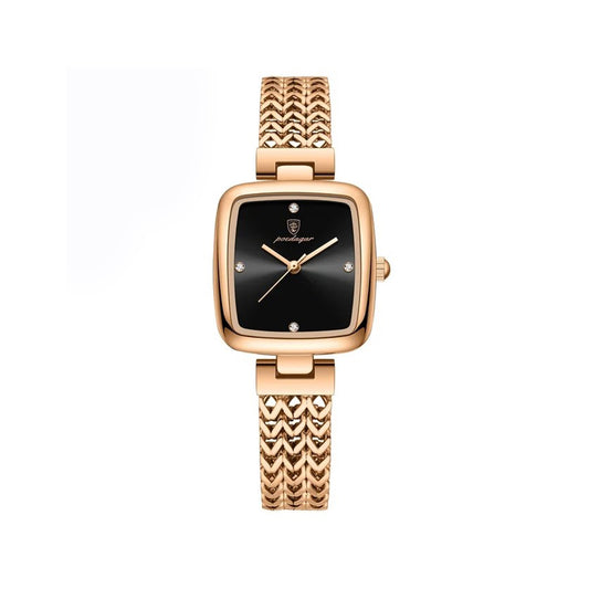 POEDAGAR 768 Luxury Square Elegant Fashion Ladies Watch- Rose Gold & Black