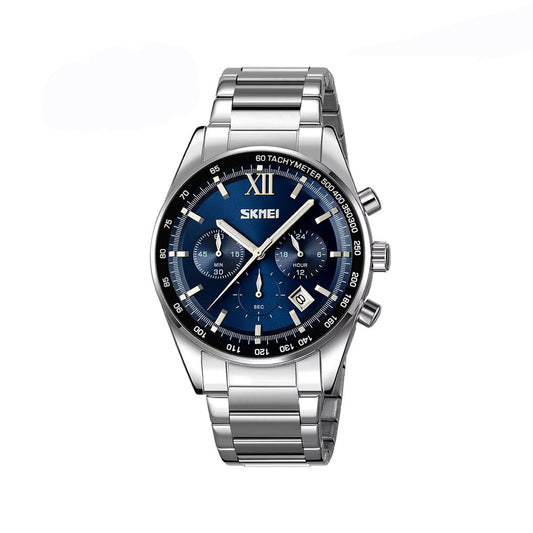SKMEI 9096 Multi-Functional Stainless steel Business style Men’s chronograph watch- Silver Blue