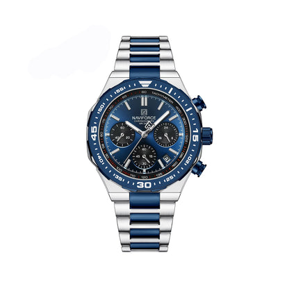 NAVIFORCE 8049 Military Active Chronograph Luxury Stainless Steel Band Quartz Calendar Men's Watches- Silver & Blue
