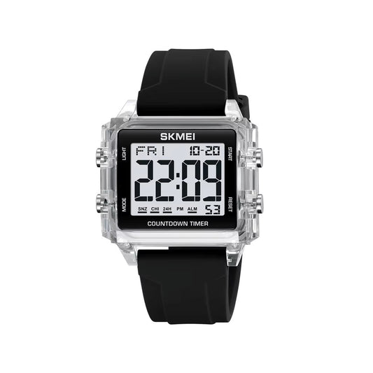 SKMEI 2320 Super Custom Face Digital Watch Best Silicone Band Rectangle Chronograph Sports Watch- Black & White