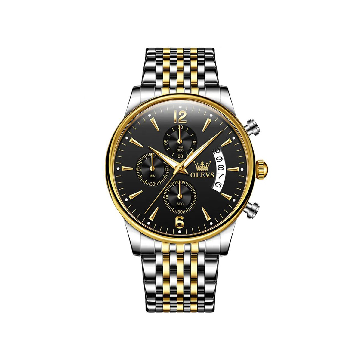 Olevs 2867 Stainless Steel Chronograph Wrist Watch For Men - Silver Gold & Black