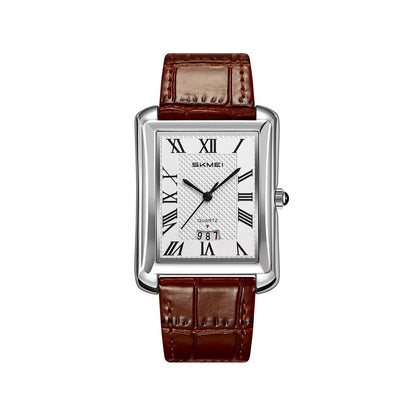 SKMEI 2575 Stainless Steel Luxury Quartz Movement Men’s Business Fashion Roman Numeral Square Case Leather Strap- Brown Silver