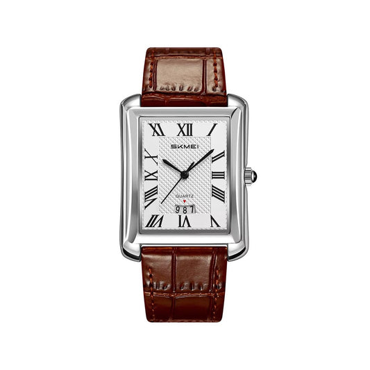 SKMEI 2575 Stainless Steel Luxury Quartz Movement Men’s Business Fashion Roman Numeral Square Case Leather Strap- Brown Silver