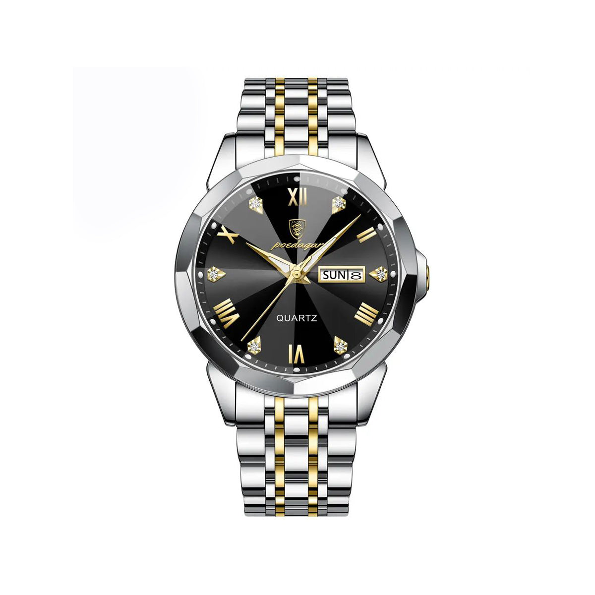 Poedagar 810 Diamond cart Stainless Steel Luminous Quartz Men watch- Silver & Black