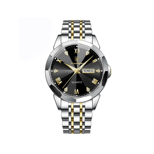 Poedagar 810 Diamond cart Stainless Steel Luminous Quartz Men watch- Silver & Black