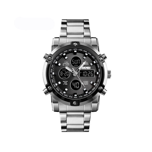 SKMEI 1389 Stainless Steel Dual Time Men's Watch-Silver & Black