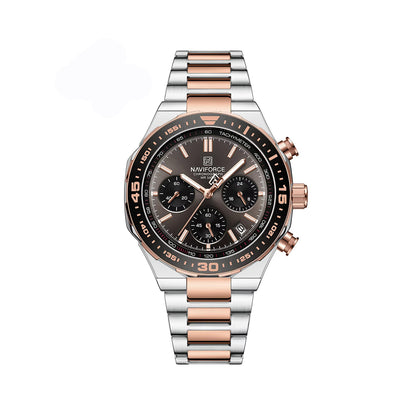 NAVIFORCE 8049 Military Active Chronograph Luxury Stainless Steel Band Quartz Calendar Men's Watches- Silver & Rose Gold